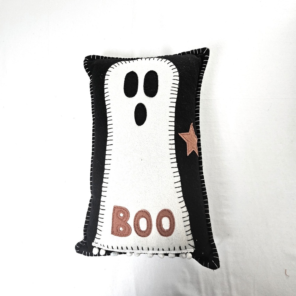 Newport Halloween Ghost Boo Felt Decorative Pillow Black White Pom Pom 18x10